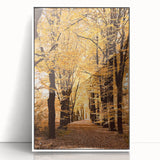 Acrylic print of a modern art wall decor depicting abstract fall foliage in warm orange and yellow tones.