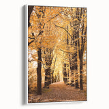 Vintage poster art of autumnal trees on extra large framed canvas, featuring black and vibrant fall colors.