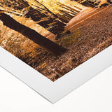 Art deco poster featuring an autumnal forest scene in warm orange and brown tones on rolled canvas.