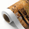 Art Deco poster featuring autumnal trees in orange and red hues on rolled canvas, ideal for nursery wall art.