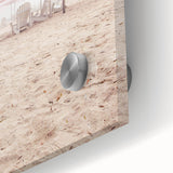 Large abstract wall art in mid-century modernist style, featuring warm orange and yellow tones on acrylic glass.