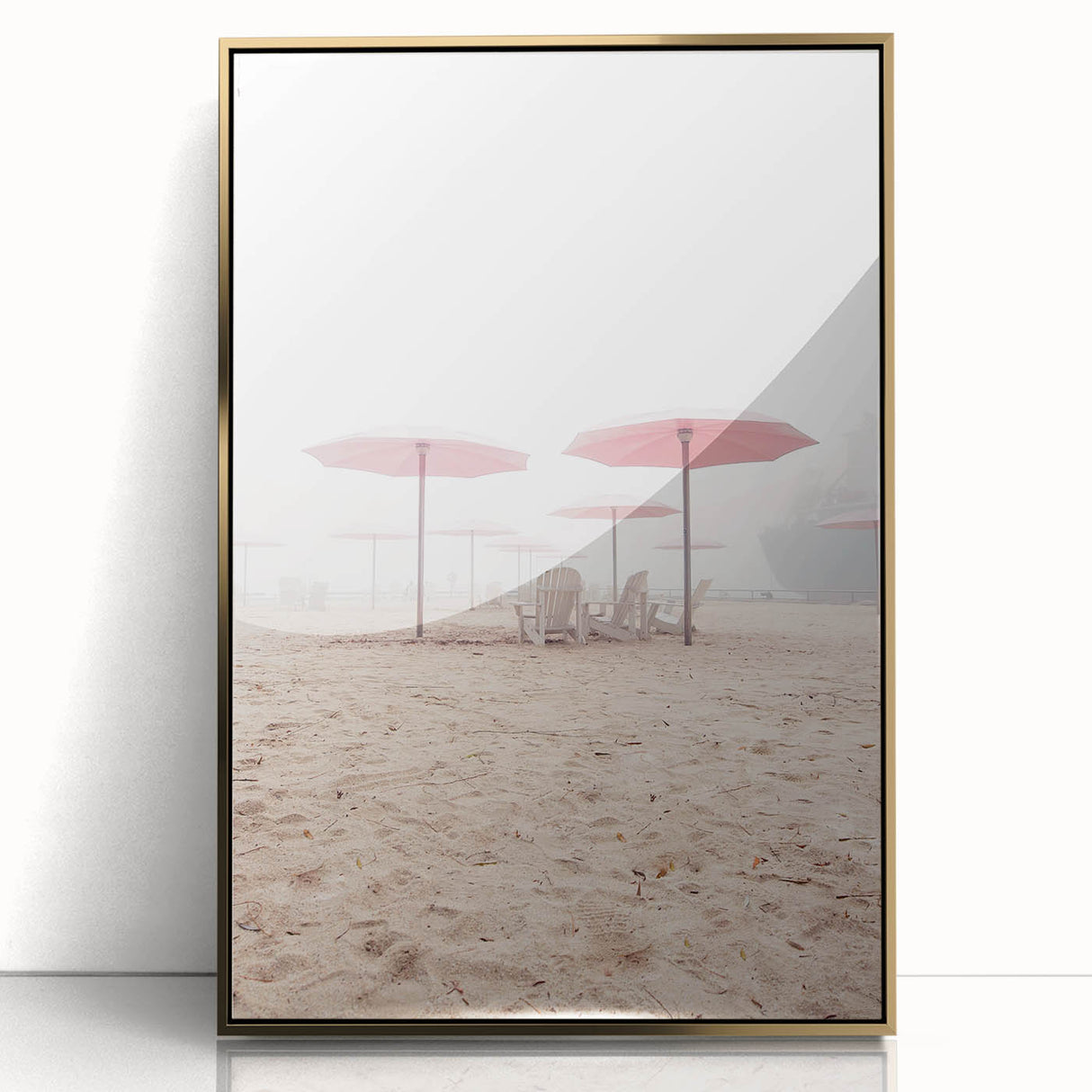 Mid-century modernist large art print of a stylized summer scene in gold and green tones on acrylic.