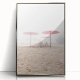 Mid-century modernist art depicting summer season in vibrant colors on a silver-framed acrylic print.