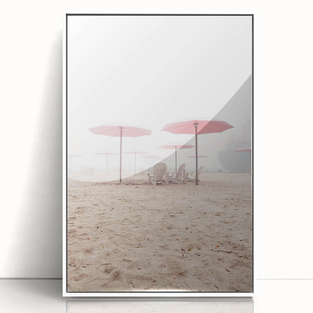 Art deco poster featuring a summer scene in muted orange and blue tones on white framed acrylic, ideal for nursery wall art.