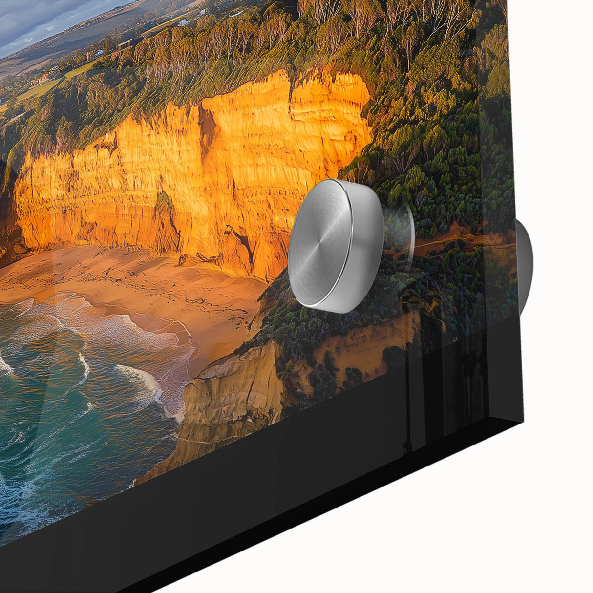 Close-up of a vibrant acrylic landscape artwork depicting dramatic cliffs, showcasing intricate details and rich colors, ideal for modern home decor.