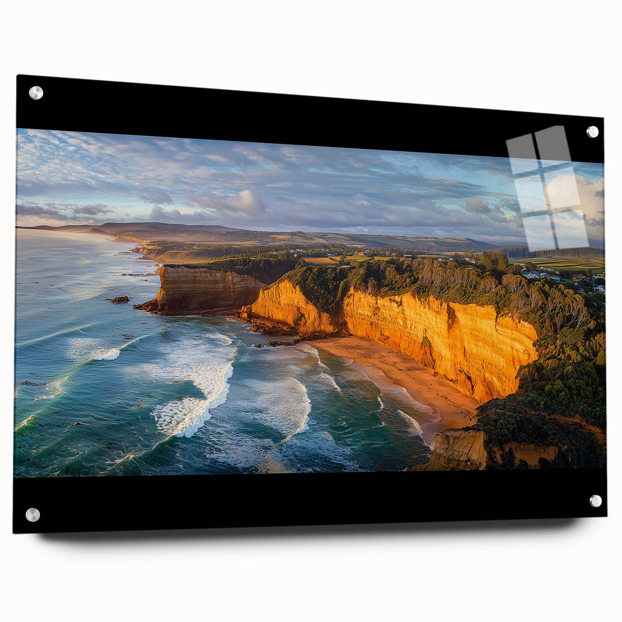 Acrylic print showcasing a vibrant landscape of cliffs with rich colors and intricate details, elegantly displayed from a side view with metal pins for easy hanging. Ideal for adding a contemporary touch to home decor.
