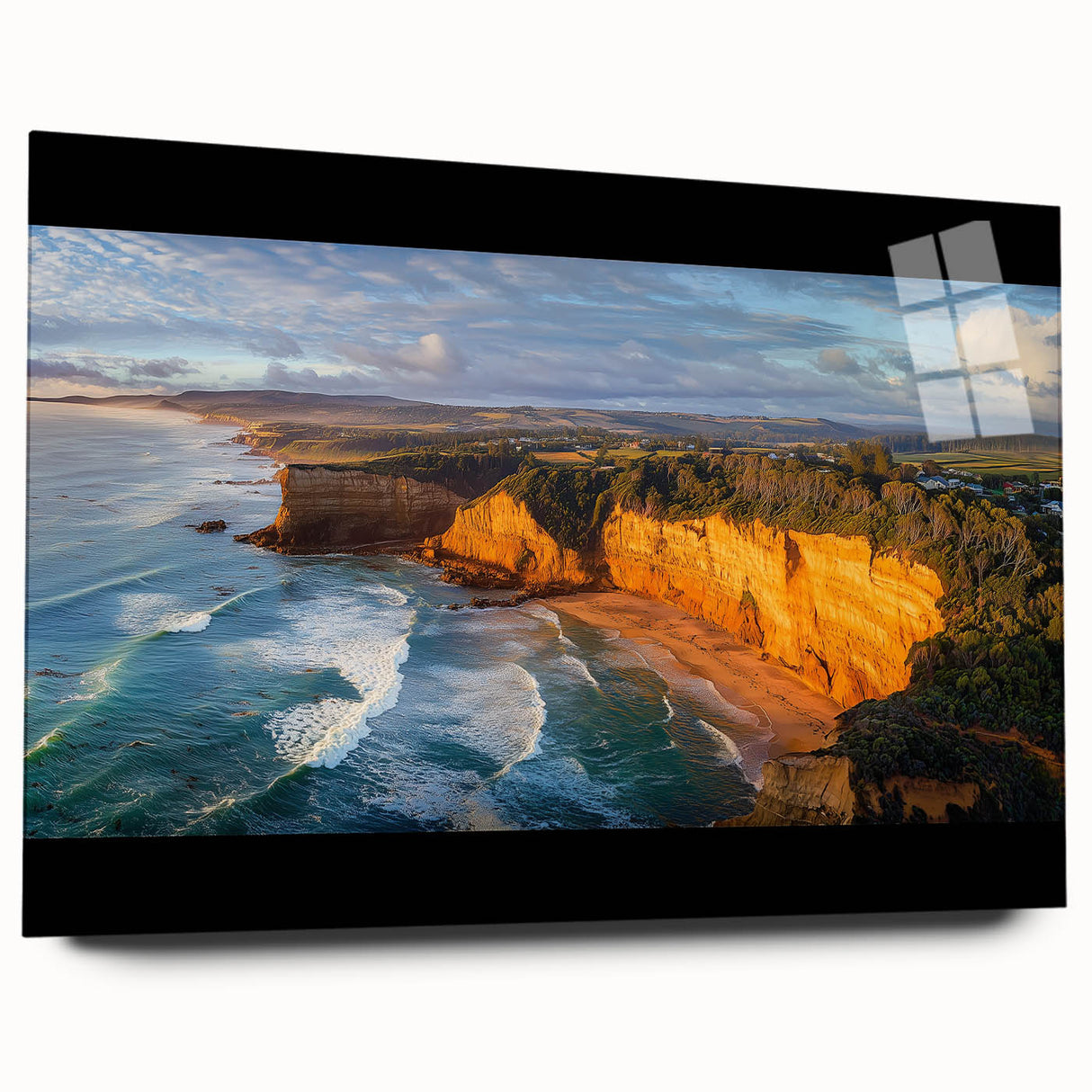 Acrylic landscape artwork depicting dramatic cliffs and vibrant skies, showcasing intricate details and colors, ideal for modern home decor or art enthusiasts.