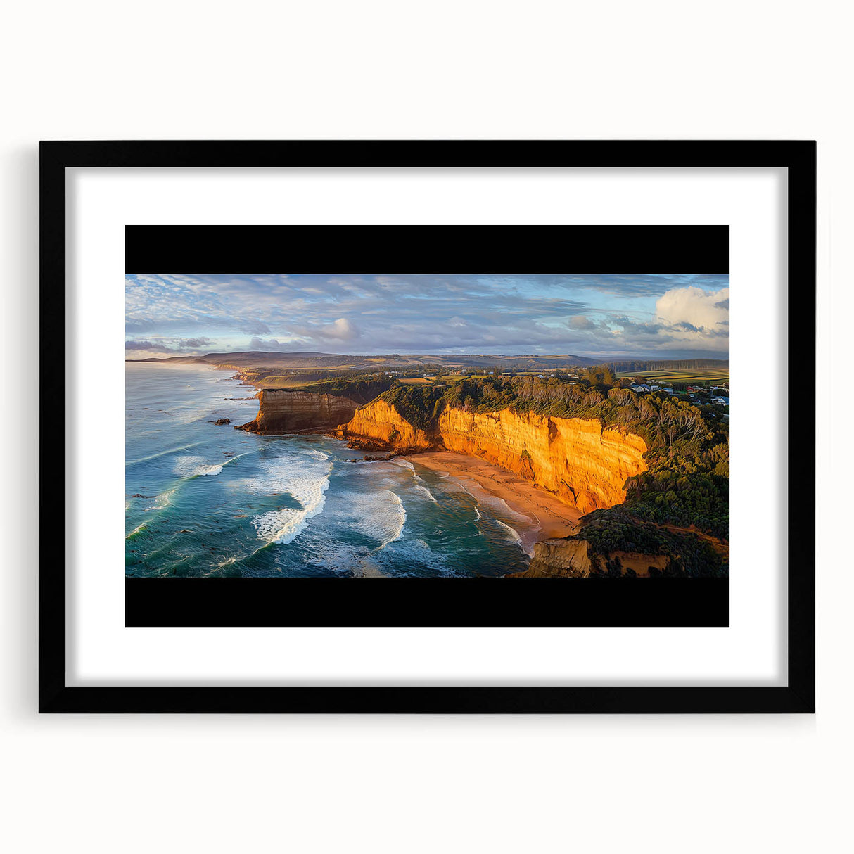 Black framed landscape artwork featuring rugged cliffs and serene scenery, designed with a mat for an elegant presentation, ideal for home decor and nature enthusiasts.