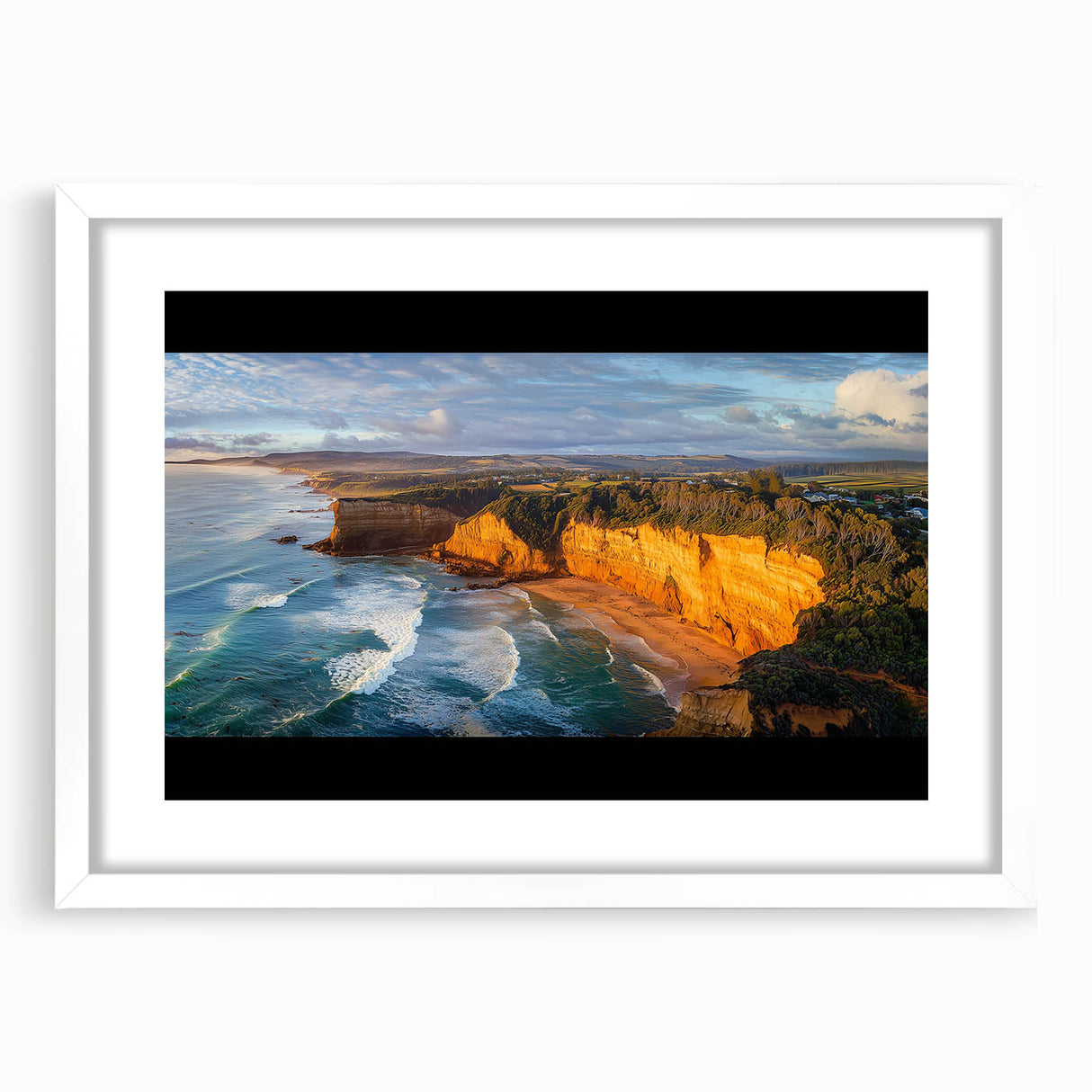 Framed landscape artwork showcasing dramatic cliffs with a white mat, ideal for home decor. Perfect for adding elegance to any space.