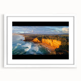 Framed landscape artwork showcasing dramatic cliffs with a white mat, ideal for home decor. Perfect for adding elegance to any space.