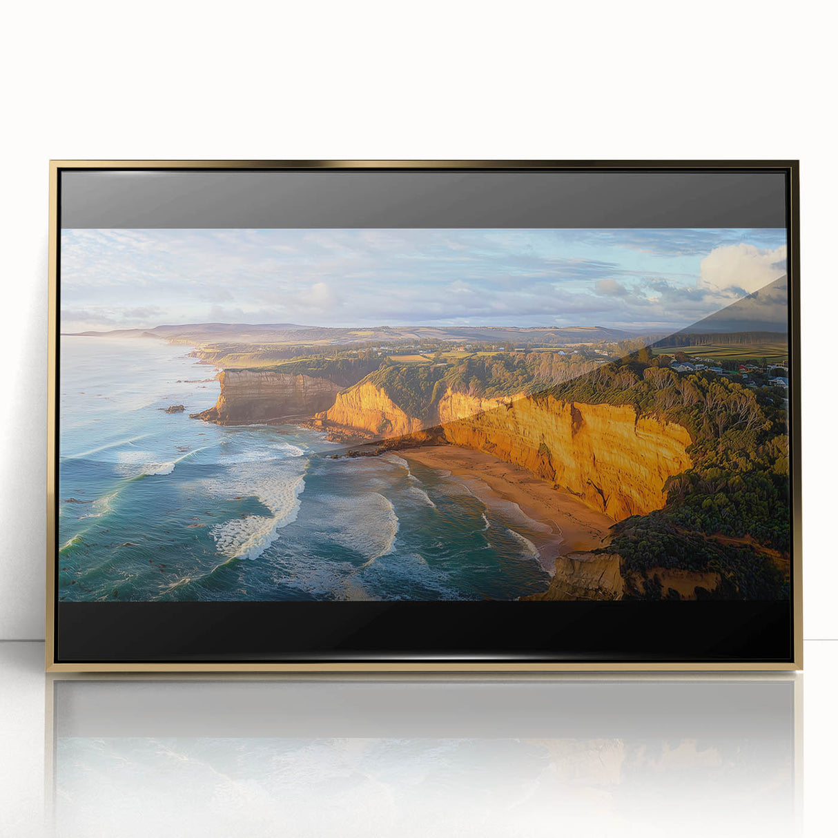 Framed acrylic artwork showcasing a breathtaking cliff landscape with golden accents, perfect for enhancing any modern home decor or office space. This vibrant piece captures the beauty of nature and adds an elegant touch to interior design.