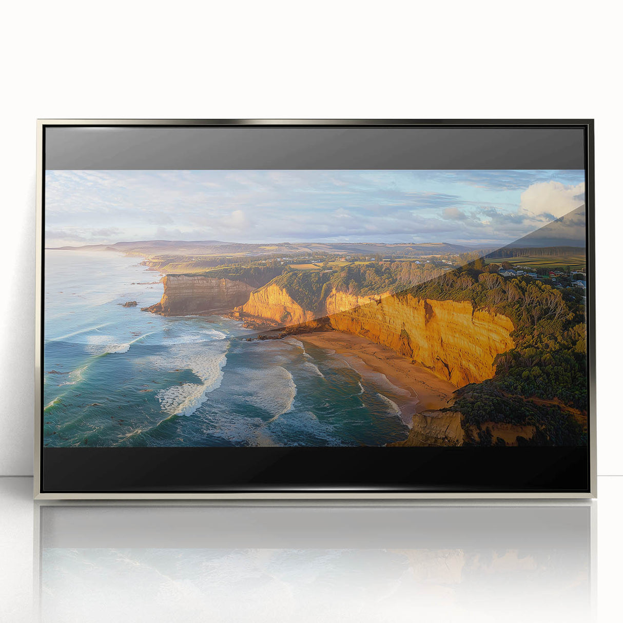 Framed acrylic artwork depicting stunning landscapes of cliffs, showcasing vibrant colors and intricate details, perfect for enhancing modern home decor.