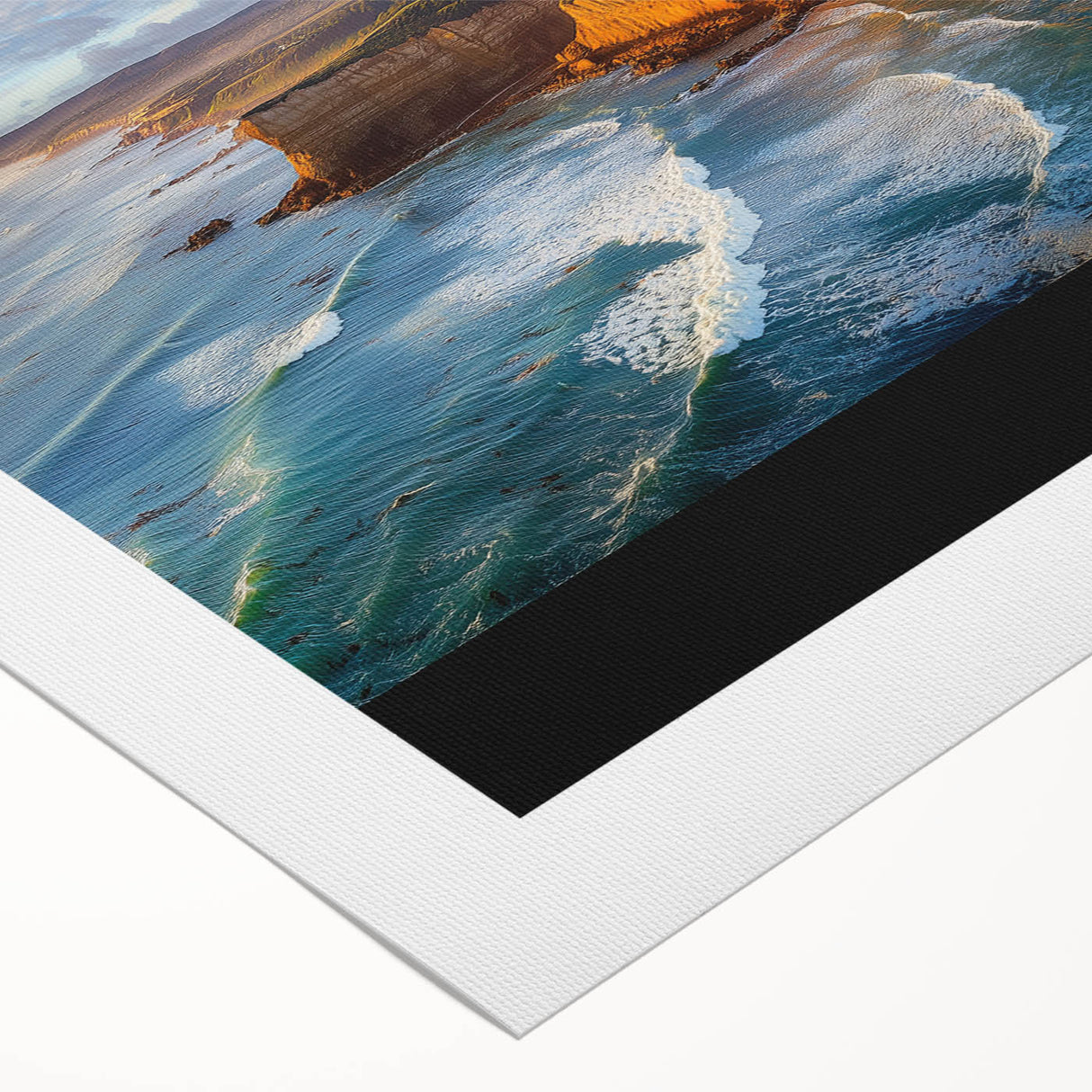 Vibrant rolled canvas showcasing a stunning landscape of majestic cliffs under a bright blue sky, perfect for home decor, featuring rich colors and intricate details.