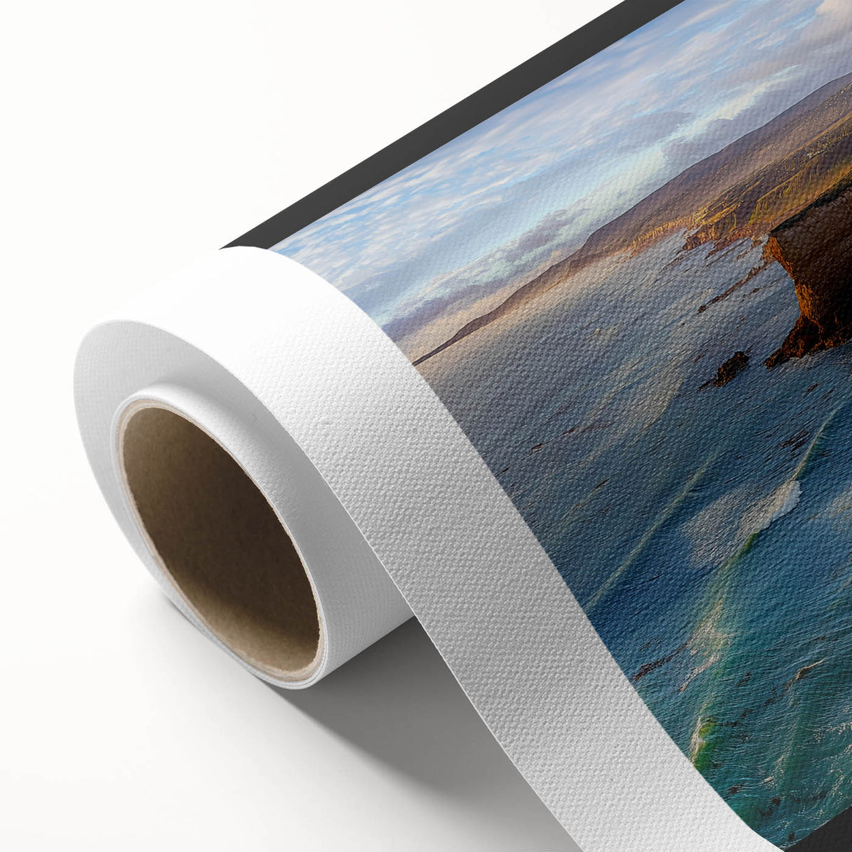 Stunning rolled canvas print showcasing dramatic cliffs against a vibrant sunset, ideal for enhancing home decor with its striking colors and natural beauty. Perfect for landscape art enthusiasts.