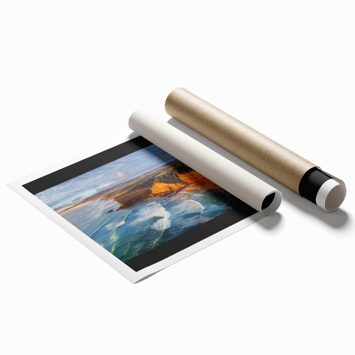 Stunning landscape print showcasing vibrant cliffs and a serene sky, rolled for easy transport and storage, ideal for enhancing home decor with natural beauty.