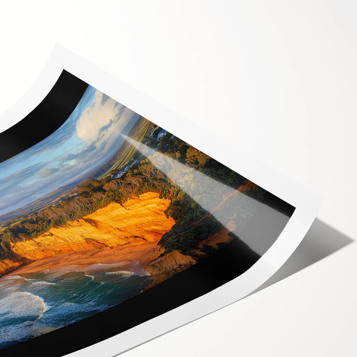 Stunning rolled print showcasing dramatic cliffs against a vibrant sunset, perfect for enhancing modern home decor. Ideal for landscape art enthusiasts.