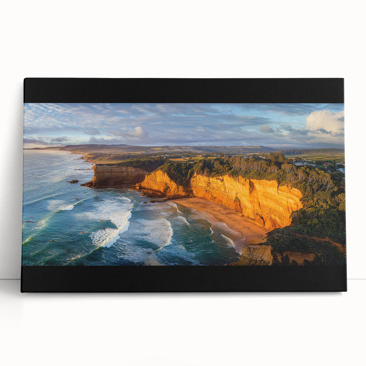 Stretched canvas art piece depicting dramatic cliffs and serene landscapes, showcasing vibrant colors and intricate textures, perfect for modern home decor.