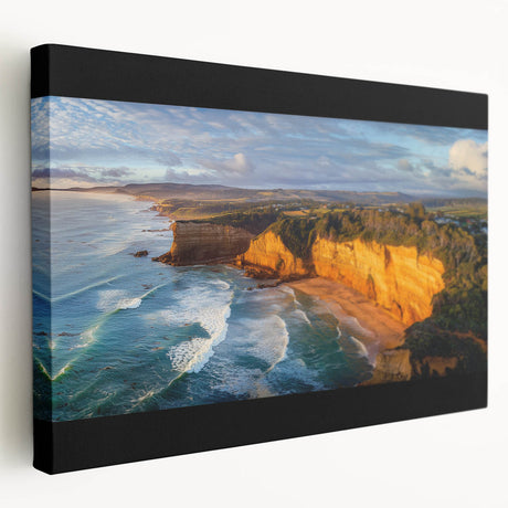 Vibrant stretched canvas artwork depicting majestic cliffs and serene landscapes, showcasing rich colors and details, ideal for home decor enhancement.