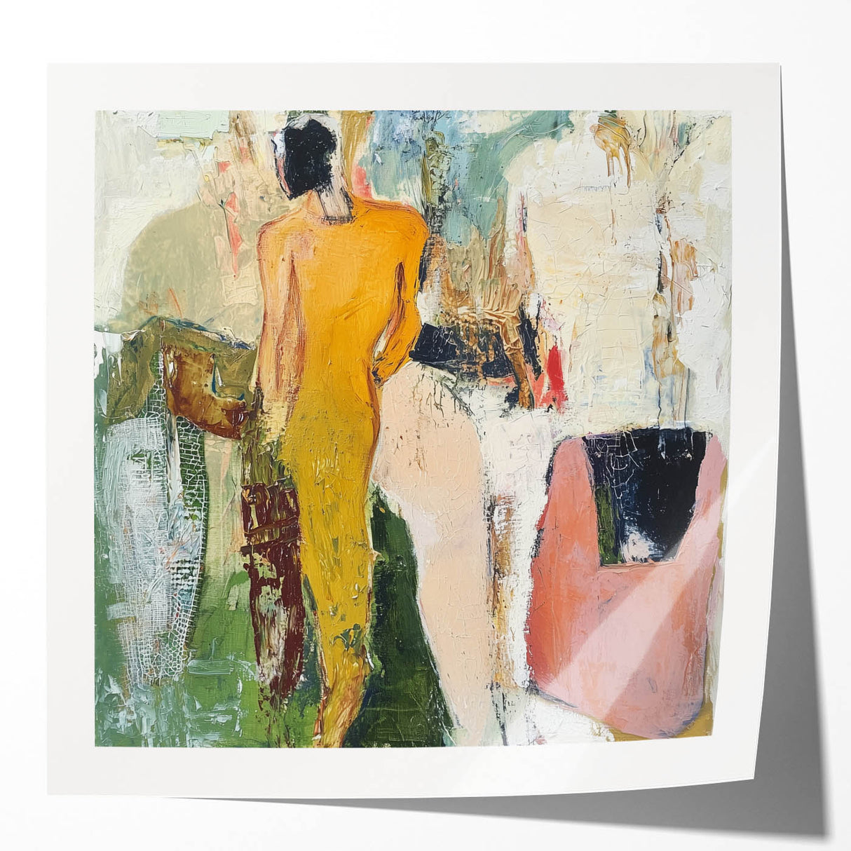 Abstract figurative art print mockup showcasing vibrant colors and dynamic shapes, displayed in a glossy finish, ideal for contemporary decor.