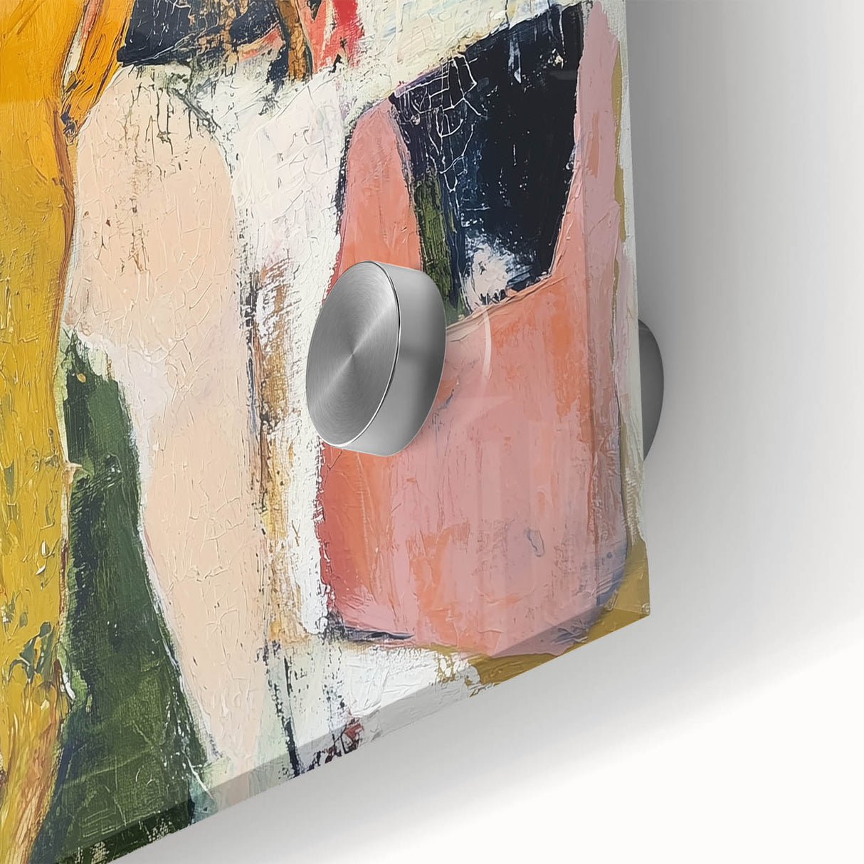 Close-up of a vibrant abstract figurative acrylic artwork on glass, showcasing intricate details with a blend of bold colors and fluid shapes, perfect for modern decor.