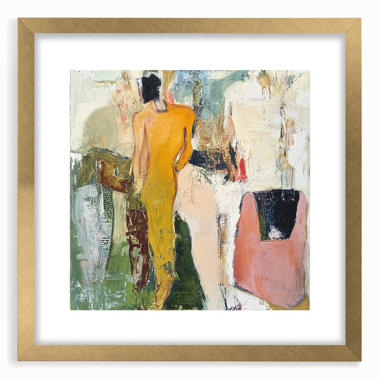 Abstract figurative frame with a gold mat, showcasing a contemporary design. The front view highlights intricate patterns and elegant color contrasts, perfect for modern decor.