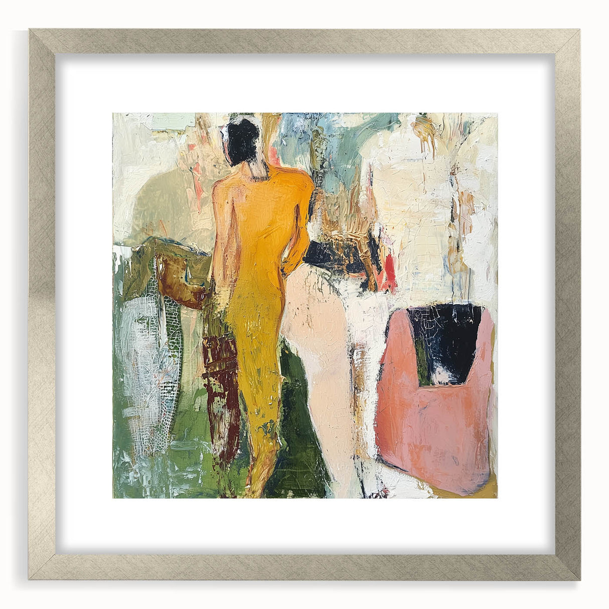 Abstract figurative frame with a silver mat, showcasing a modern art piece that blends vibrant colors and dynamic shapes, perfect for contemporary decor.