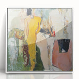 Framed abstract figurative art piece featuring vivid colors on a white background, showcasing dynamic shapes and forms, perfect for modern home decor enhancement.