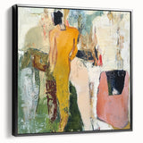 Abstract figurative framed canvas artwork with a black side view, showcasing vibrant colors and dynamic shapes, perfect for modern home decor. This piece adds a stylish artistic touch to any interior setting.
