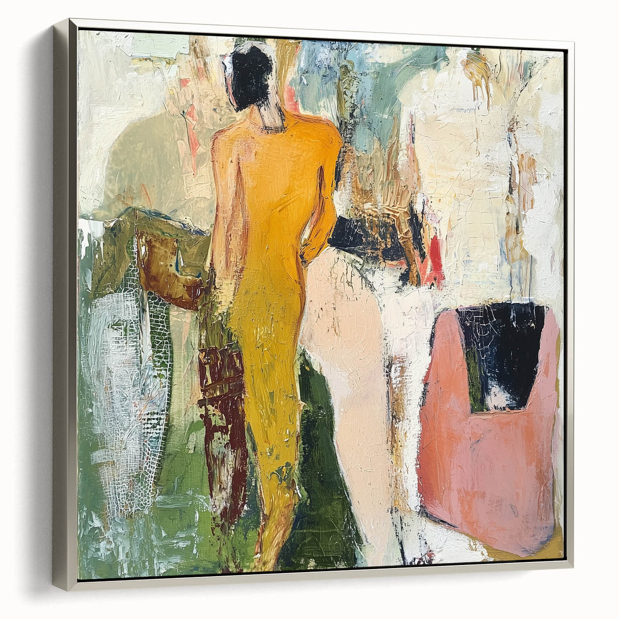 Framed abstract figurative canvas artwork showcasing a silver frame, highlighting bold colors and dynamic shapes, ideal for modern decor and artistic expression.