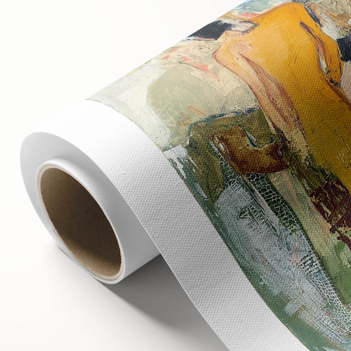 Abstract figurative art on rolled canvas showcasing vibrant colors and dynamic shapes, ideal for contemporary home decor. Packaged securely in a protective tube.