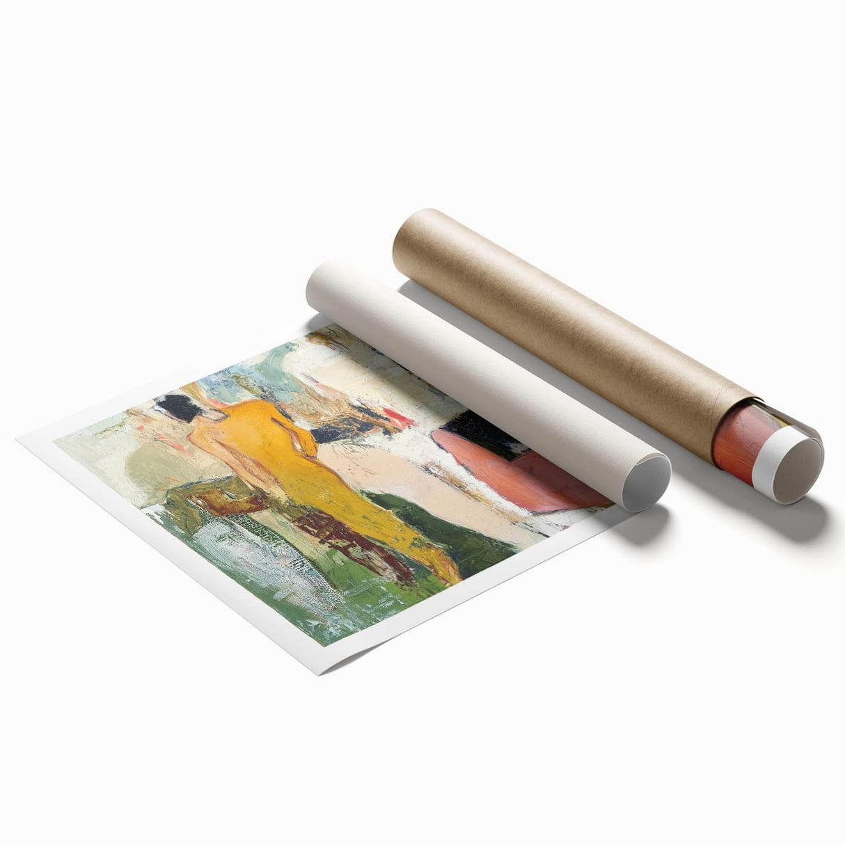 Abstract figurative art print showcasing vibrant colors and flowing shapes, rolled and ready for display in a protective cardboard tube, ideal for modern home décor.