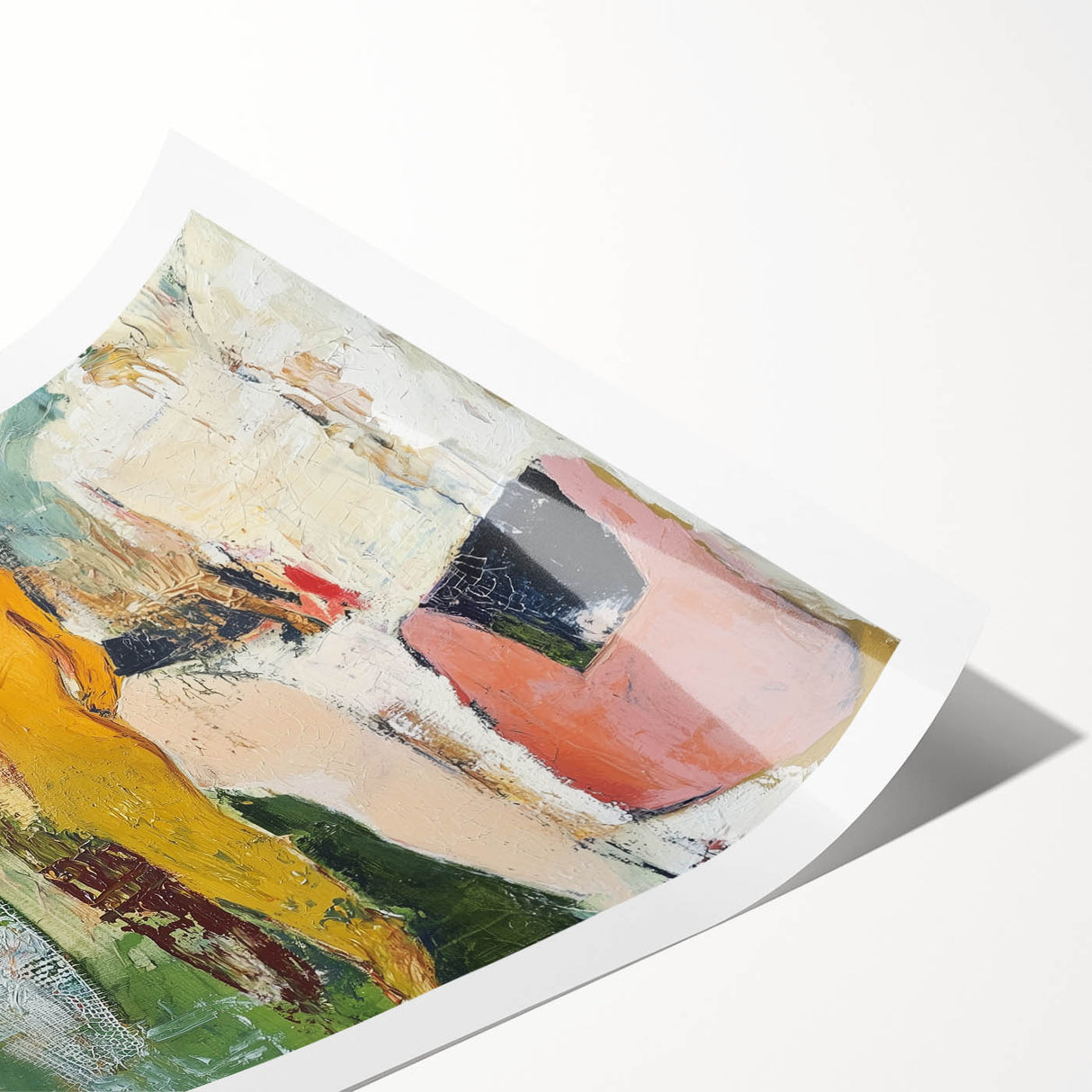 Abstract figurative art print featuring vibrant colors and dynamic shapes, elegantly rolled and packaged in a protective cardboard tube, ideal for modern decor.