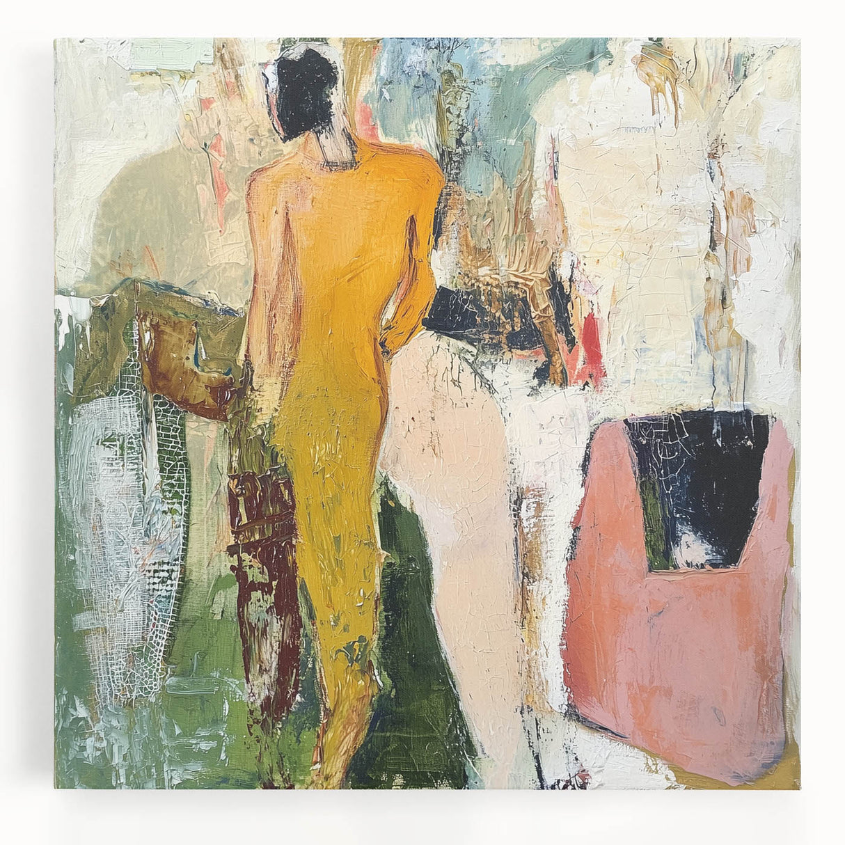 Abstract figurative stretched canvas artwork showcasing vibrant colors and dynamic shapes, perfect for modern home decor. Ideal for enhancing artistic ambiance.