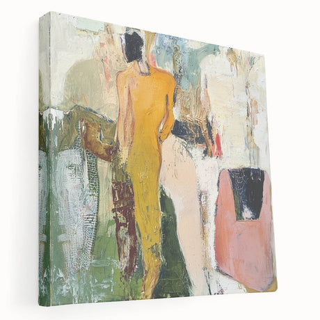 Abstract figurative stretched canvas artwork showcasing vibrant colors and dynamic shapes, viewed from the side, perfect for modern home decor.
