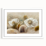 Abstract floral wall art framed in white with a mat, showcasing vibrant colors and intricate designs, perfect for modern home decor. The artwork evokes a sense of tranquility and elegance, making it an ideal accent for living rooms or bedrooms.