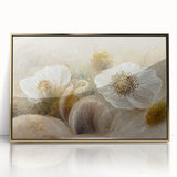 Framed abstract floral wall art featuring vibrant colors with gold accents, elegantly displayed against a minimalist background, perfect for modern home decor.