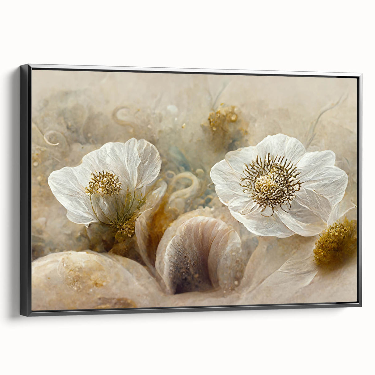 Framed abstract floral wall art in vibrant colors, showcasing intricate designs, displayed from a black side view with a modern aesthetic. Perfect for home decor.