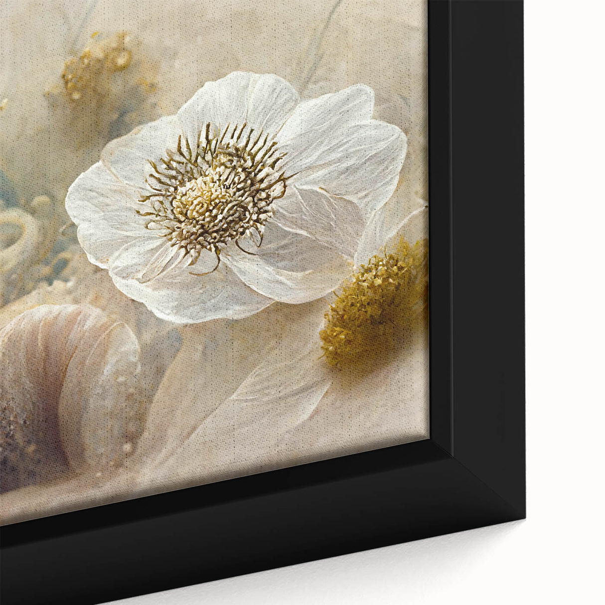 Close-up of a framed abstract floral wall art piece showcasing vibrant colors and intricate details, perfect for modern home decor and enhancing interior aesthetics.