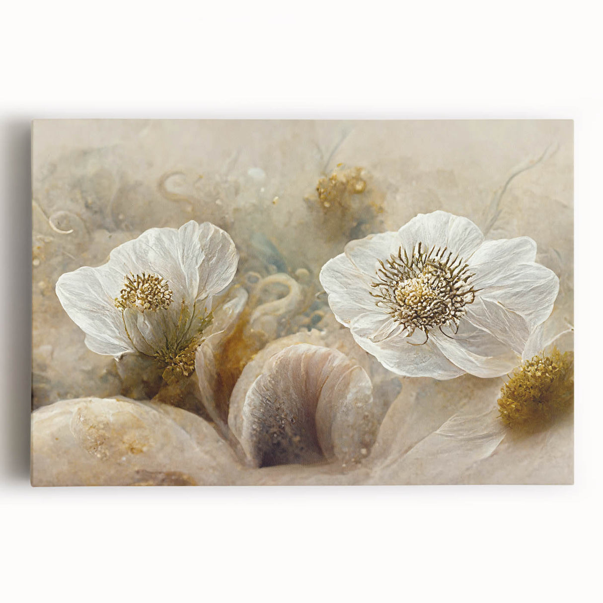 Colorful abstract floral wall art on stretched canvas showcasing vibrant hues of pink, blue, and green, perfect for modern home decor and artistic accents.