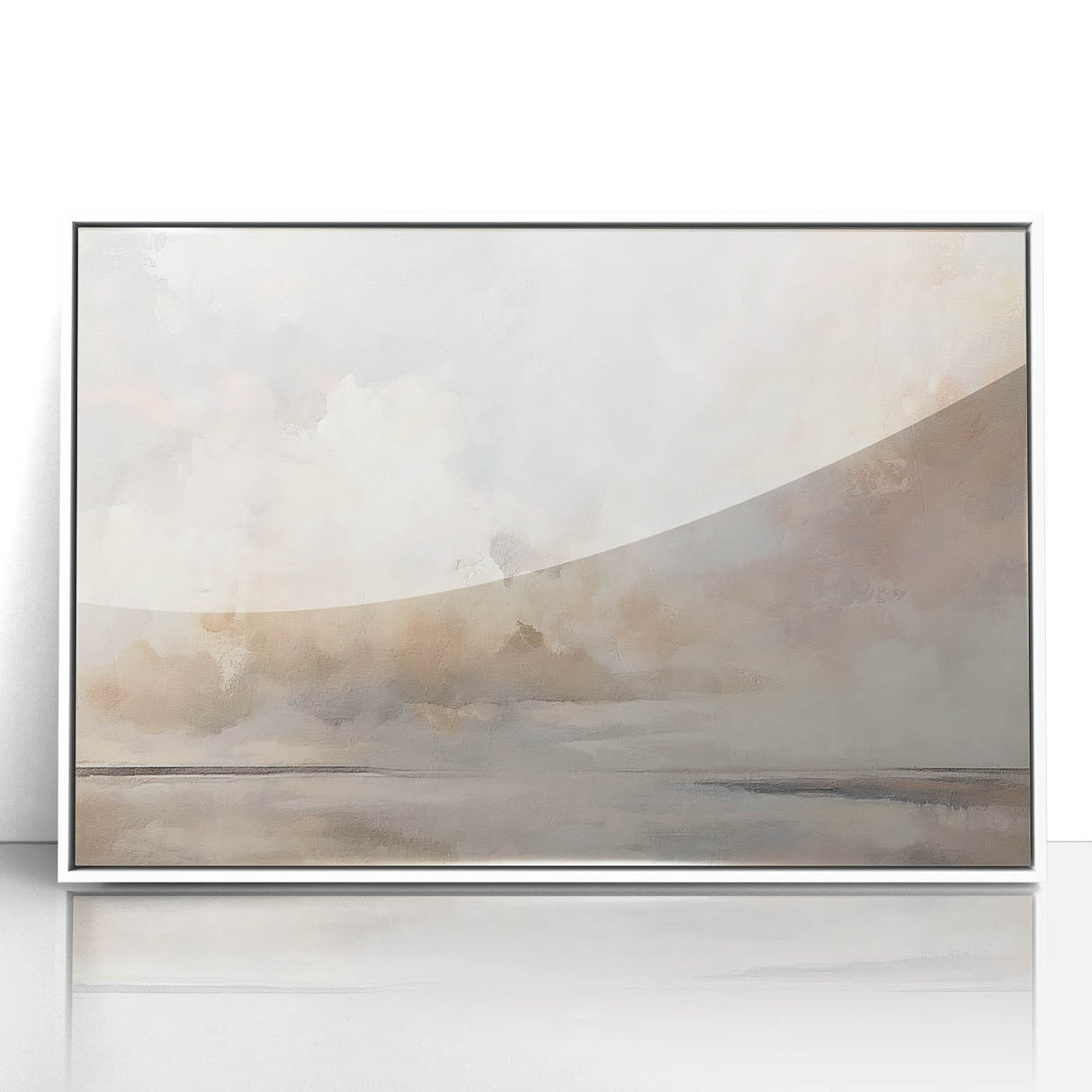 Framed abstract landscape wall art featuring soft hues of blue and white, set against a sleek acrylic background, perfect for modern home decor.