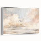 Framed canvas wall art displaying an abstract landscape design with soft pastel colors, featuring a white frame that enhances its modern aesthetic and complements contemporary home decor.