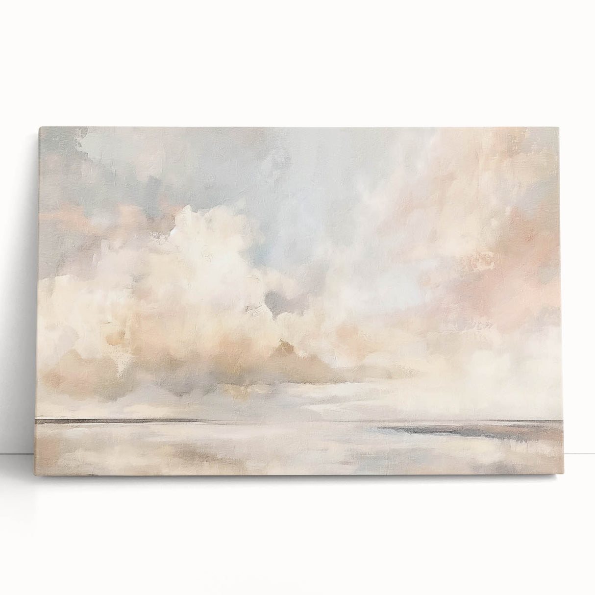 Abstract landscape wall art on a stretched canvas, featuring vibrant colors and bold brush strokes, leaning against a minimalist wall, perfect for modern decor.