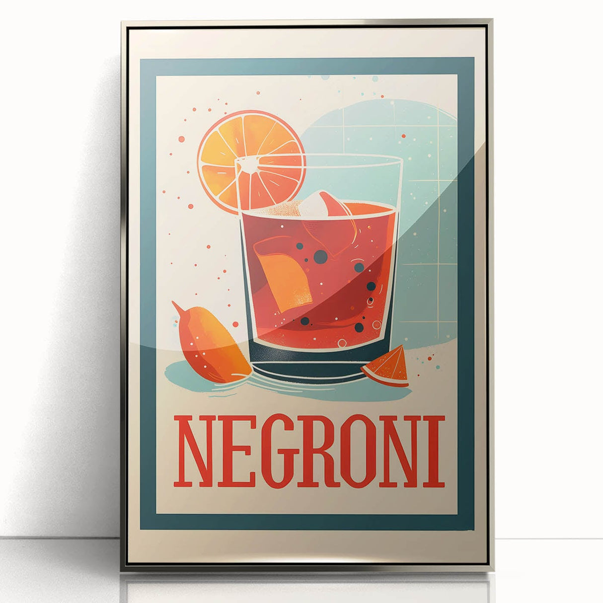 Mid-century modernist art depicting various foods and drinks in bold, primary colors on a framed acrylic.
