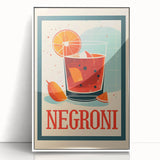 Art deco poster featuring a stylized cocktail, in pastel pink and blue shades, framed in white acrylic.