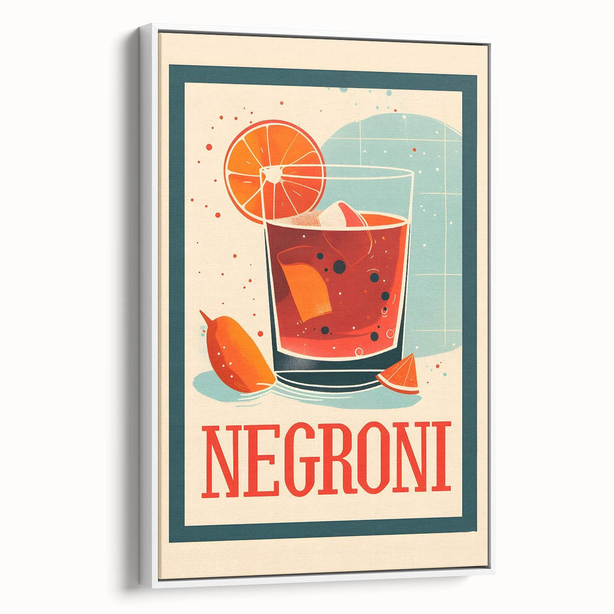 Vintage poster art of colorful food and drinks on extra large framed canvas, ideal for living room decor.