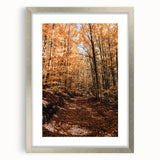 Textured abstract art print in warm autumn hues on a silver-framed canvas, ideal for bedroom wall decor.