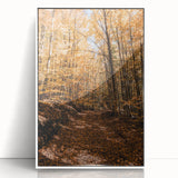 Art deco poster featuring a stylized autumn tree in orange and red hues on white acrylic, framed.