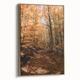 Framed canvas featuring a vintage-style landscape painting of autumn trees in gold and black tones, ideal for bedroom decor.