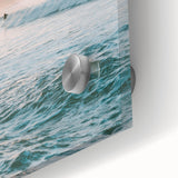 Large abstract wall art in vibrant orange and yellow tones on acrylic glass, ideal for dining room ambiance.