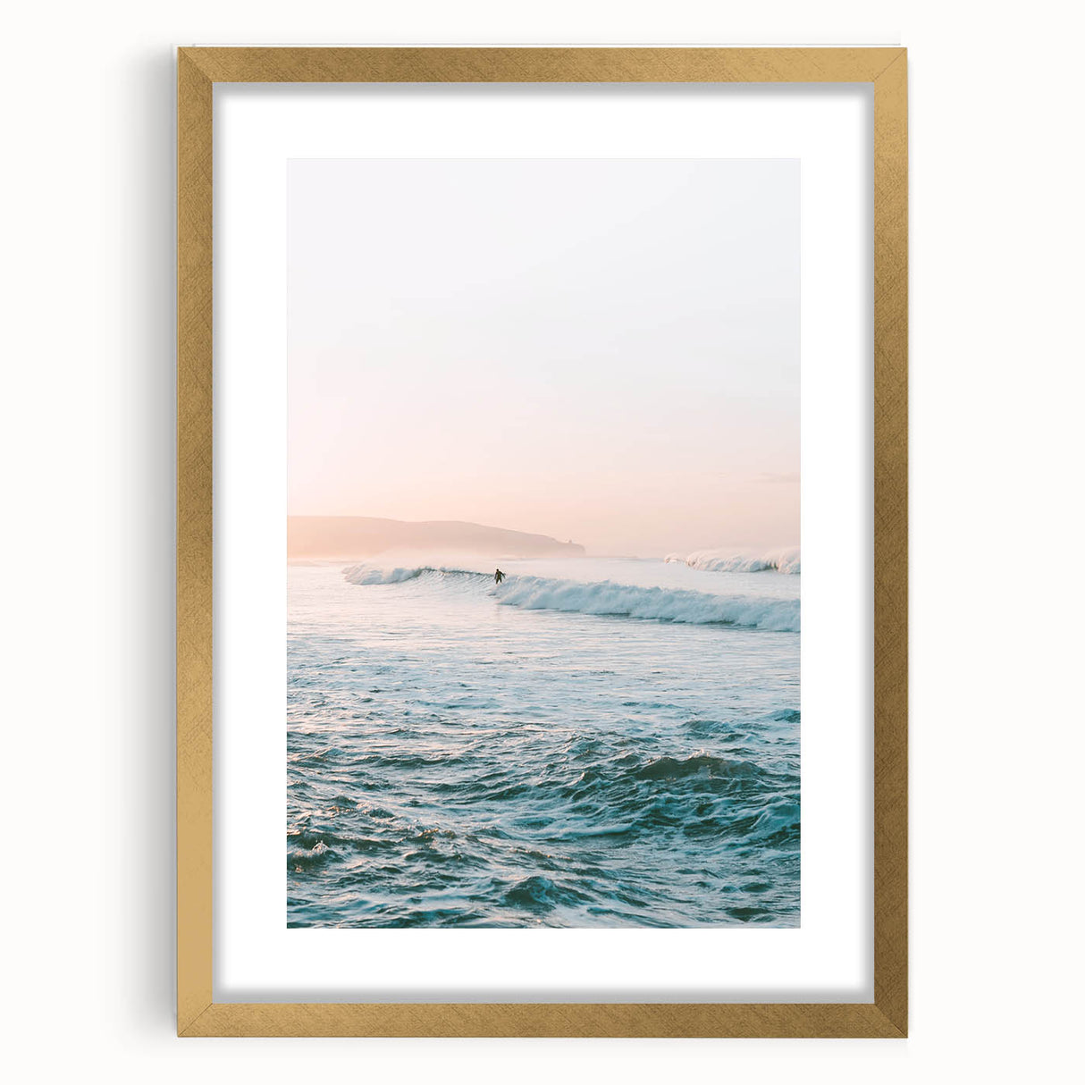 Extra large abstract art print featuring textured waves in gold and white hues on a framed canvas.